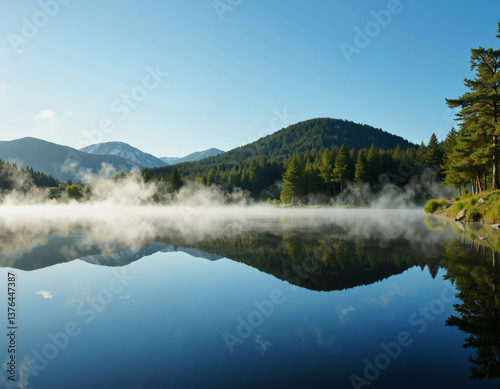 Morning mist blankets a serene mountain lake, reflecting the dense forest and distant peaks in its calm waters