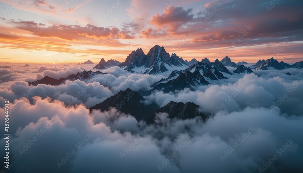 Majestic Mountain Landscape with Clouds and Vibrant Sunset Sky Majestic Mountain Landscape with Clouds and Vibrant Sunset Sky