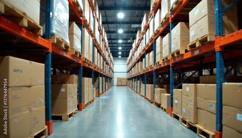 Pallet racking system with neatly stacked inventory boxes, goods, management Pallet racking system with neatly stacked inventory boxes, goods, management
