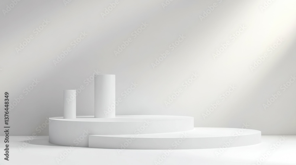 Fototapeta premium Empty podium or pedestal display on white background with cylinder stand concept. Blank product shelf standing backdrop