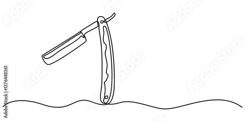 Straight razor continuous single one line art drawing, Continuous one line drawing of straight razor. Vintage barber razor isolated on a white background. Barbershop concept. Vector illustration, pro.
