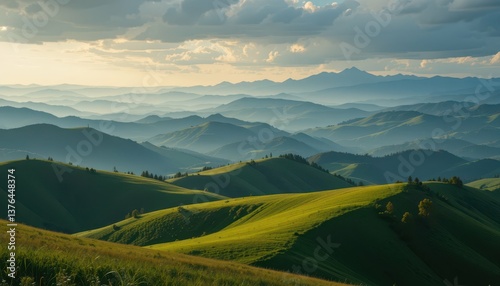 Serene Mountain Landscape with Rolling Green Hills and Clouds
