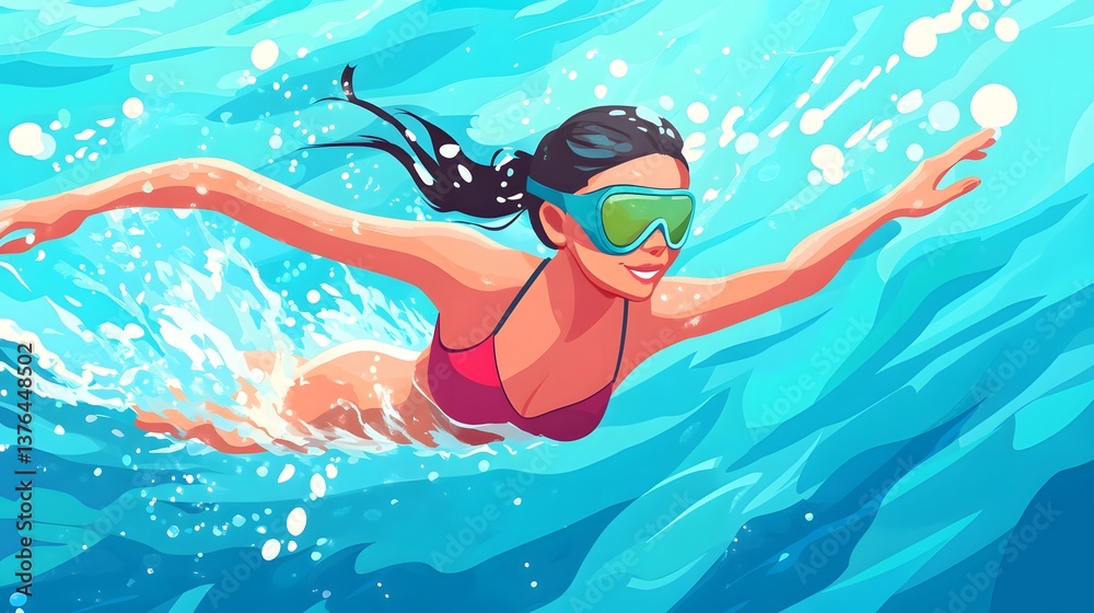 Naklejka premium Modern Colorful Vector Cartoon Character of a Swimming Woman for Designs and Promotions
