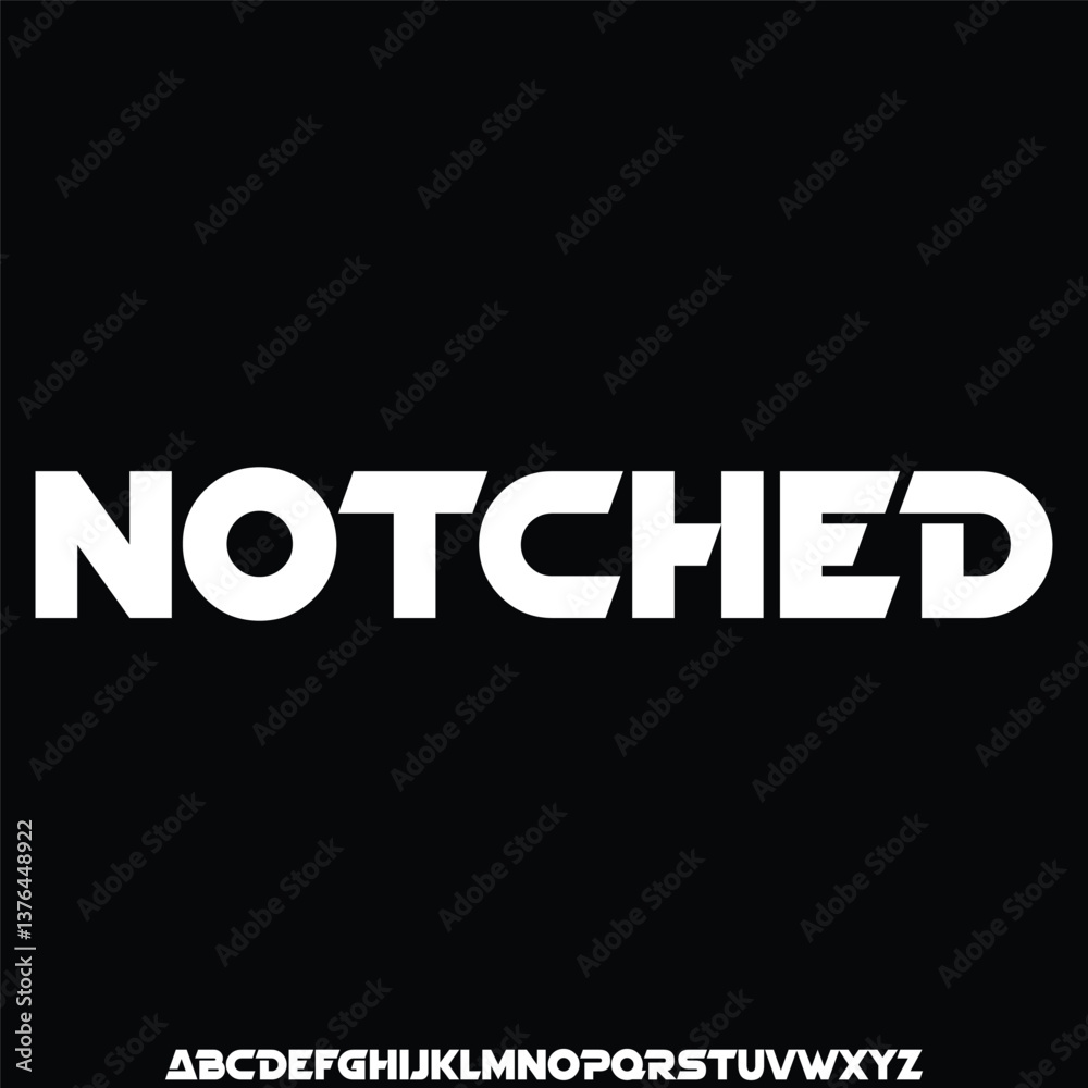 Fototapeta premium Modern futuristic notched alphabet display font vector. Wide technology typeface