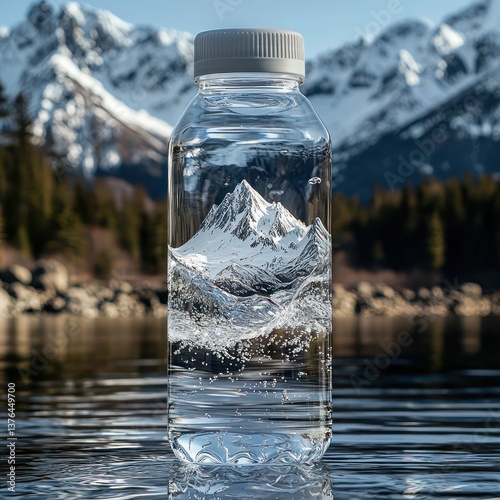 A Pristine Mountain Scene Magically Captured Within A Clear Water Bottle, Reflecting Natures Purity Against A Serene Lake And Snow-capped Peaks