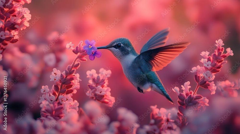 Fototapeta premium Hummingbird in flight, feeding on purple flower amidst pink blossoms at sunset.