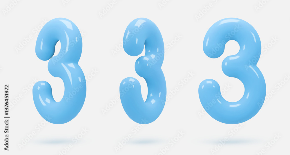 Set blue glass icon, 3d render number 3, three sign. Realistic design element. Vector illustration isolated on white for postcard, icons, poster, banner, web, design, arts Set blue glass icon, 3d render number 3, three sign. Realistic design element. Vector illustration isolated on white for postcard, icons, poster, banner, web, design, arts