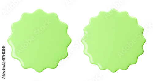 Set green stickers, badge mockup. Blank labels of circle shapes with wavy edge. Vector illustration isolated on white. Copy space. Patches for preview tags, labels, design, presentation, adv