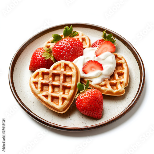 heart-shaped waffles lie on a plate on top of strawberries with cream on a white background side view