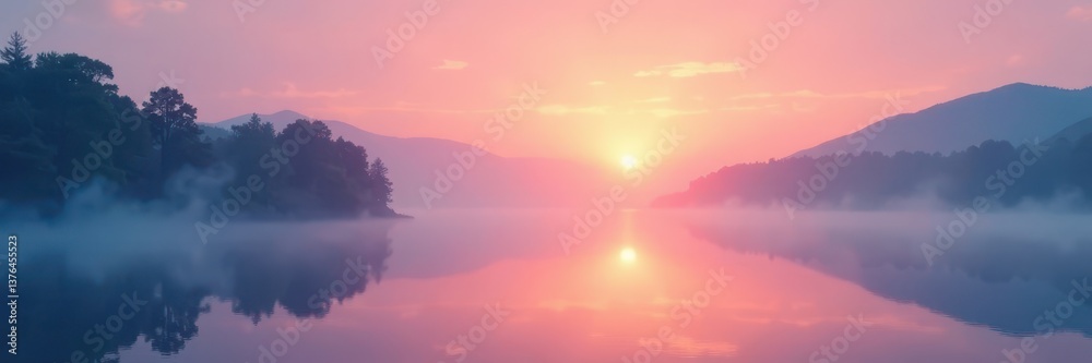 Fototapeta premium Soft pastel sunrise over tranquil lake, gentle mist, serene, tranquil, nature