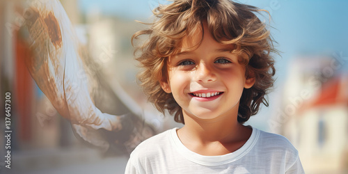  Portrait of a happy child with curly hair at the beach.