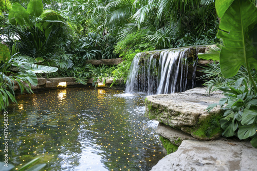 Lush tropical landscape with cascading waterfall and serene pond, surrounded by vibrant greenery and twinkling lights