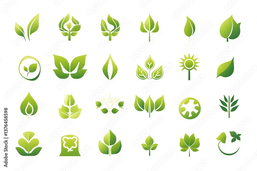 Fototapeta premium A collection of green leafy symbols, including trees, leaves, and flowers. The symbols are all green and are arranged in various sizes and orientations. Scene is one of nature and growth