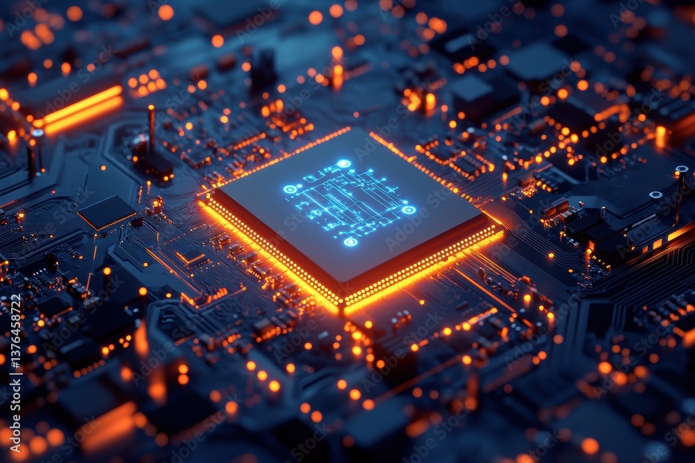 Circuit Board Power: A mesmerizing close-up of a modern circuit board, awash in a neon glow, revealing the intricate details of its processor and other components.
