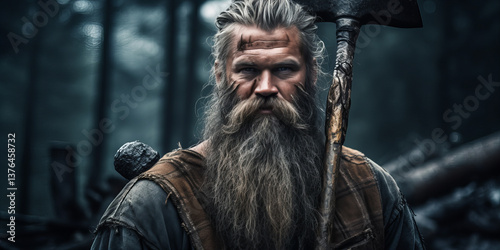 Portrait of a Viking-style lumberjack with axe in forest.