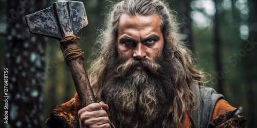 Portrait of a Viking-style lumberjack with axe in forest.