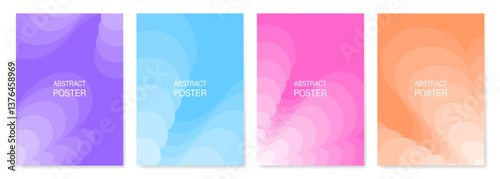 Set of abstract posters. Purple, blue, pink and peach background designs. Wavy pattern with gradient transition, blended figures