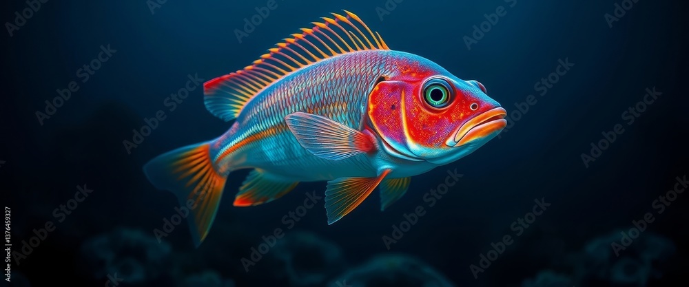 Vibrant Aquatic Creature with Striking Scales and Fins, Swimming Gracefully in Dark Blue Water Vibrant Aquatic Creature with Striking Scales and Fins, Swimming Gracefully in Dark Blue Water