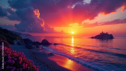 Dreamlike sunset, vibrant colors blend seamlessly, surreal, twilight