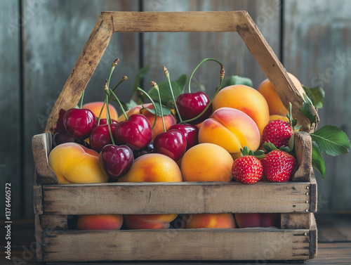 Fresh cherries, apricots, and strawberries in rustic wooden basket