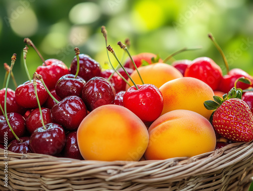 Cherries apricots and strawberry in wicker basket outdoors