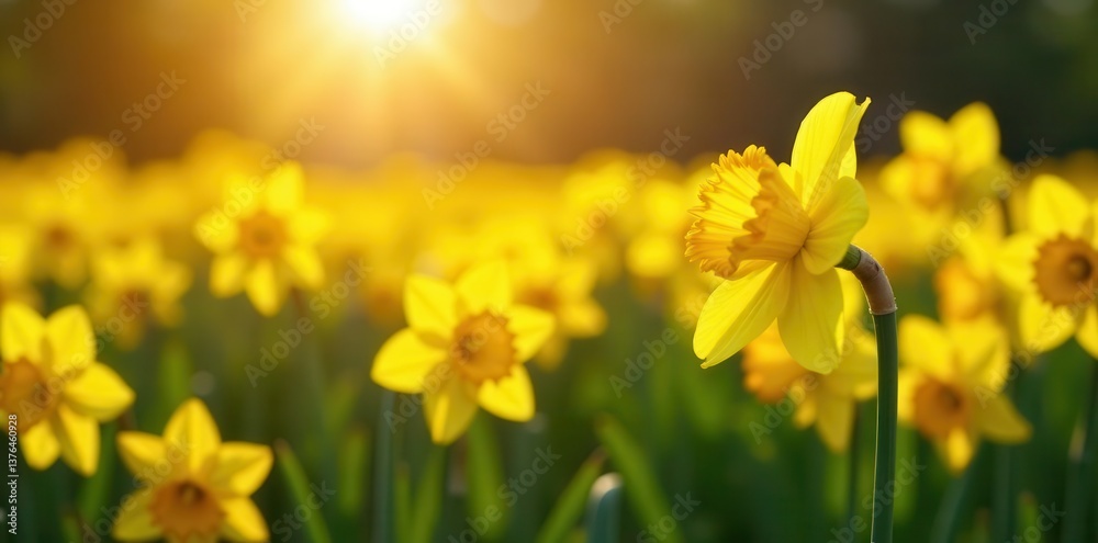 Fototapeta premium Golden sun illuminates vibrant daffodil field, sunny blooms , beautiful, vibrant