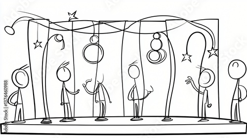 Line Art Stick Figures Showcasing Diverse Characters and Festive Decorations on Stage.