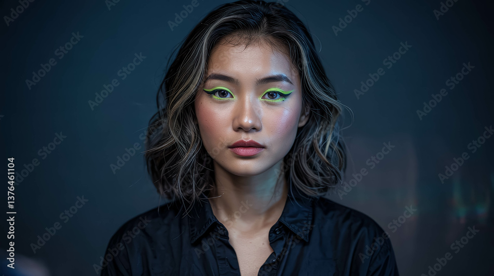 Fototapeta premium Portrait Of An Asian Woman With Green Eyeliner. Woman Fashion