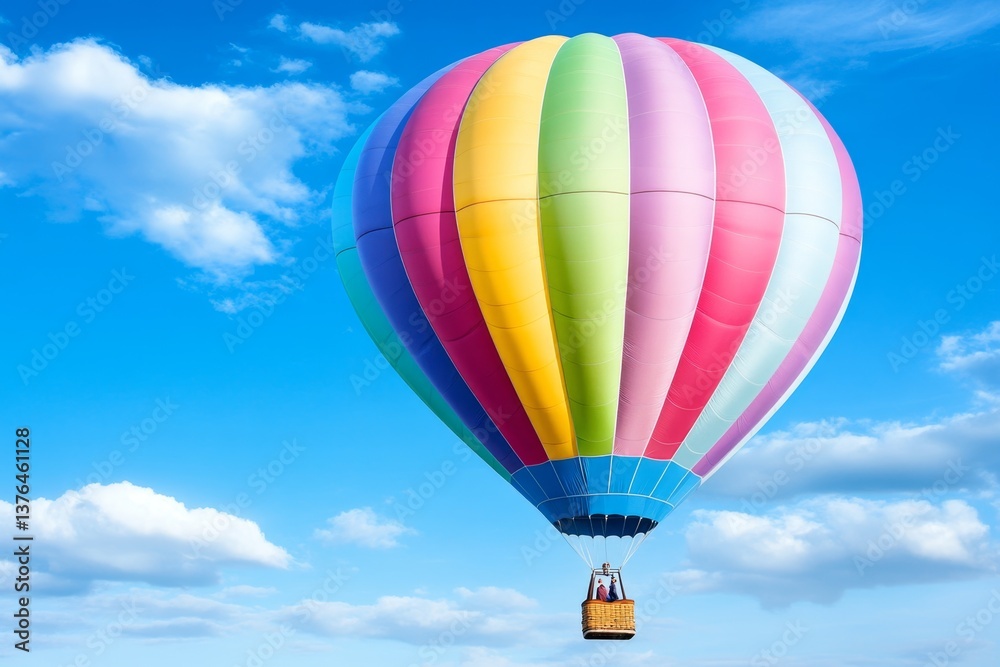 Fototapeta premium A hot air balloon floating upward as the ground below gets smaller and smaller