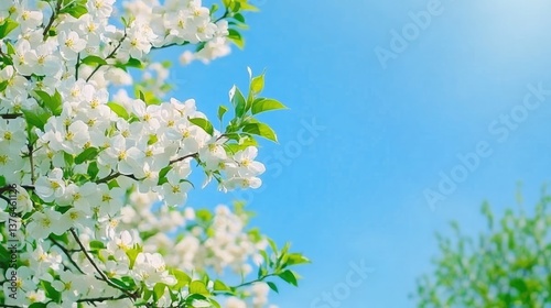  spring background featuring blooming white apple flowers with bright blue sky and sunny weather. Capturing the natural essence of spring with delicate floral details, creating a serene and peaceful 