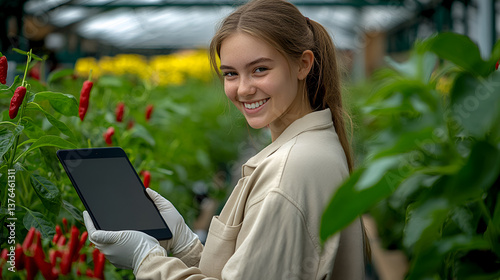 yellow hair young woman in her 20s wearing beige lab coat, smiling, from behind, looking over her shoulder, holding tablet, white latex gloves, red chilies plant in modern green house

