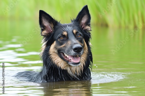 A long-haired German Shepherd shaking off water after swimming in a lake