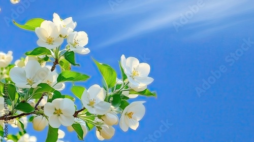  spring background featuring blooming white apple flowers with bright blue sky and sunny weather. Capturing the natural essence of spring with delicate floral details, creating a serene and peaceful 