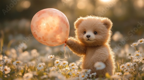 Cute teddy bear holding a balloon in a daisy field at sunset.