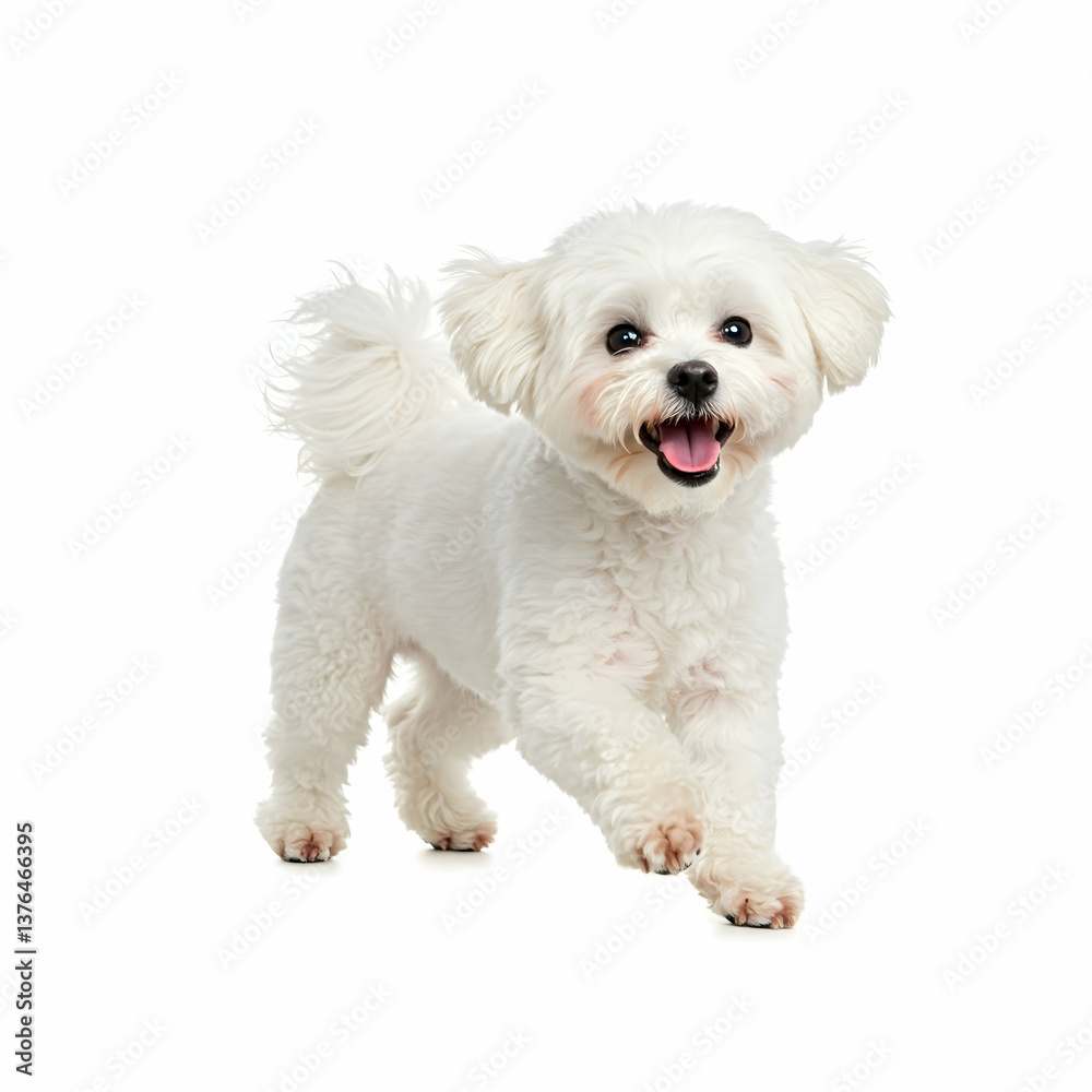 Obraz premium Cute White Maltese Dog Running Happily on a White Background