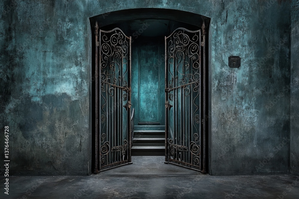 A mysterious abandoned mansion in Savannah, its wrought-iron gates slightly open, revealing a dimly lit hallway inside A mysterious abandoned mansion in Savannah, its wrought-iron gates slightly open, revealing a dimly lit hallway inside