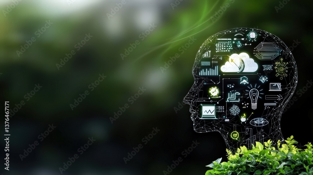 Fototapeta premium skill and growth concept. Human silhouette with abstract digital elements and greenery.