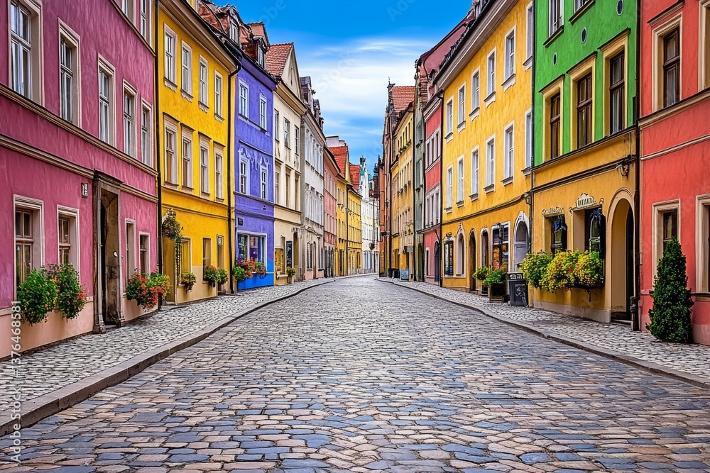 Obraz premium A peaceful morning view of Mariacka Street, with amber jewelry shops and gothic-style buildings