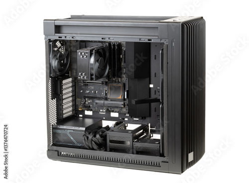 Side view  big tower, PC case, chassis,  inside motherboard, CPU, fan, SSD, memory, power supply unit with cables isolated on white