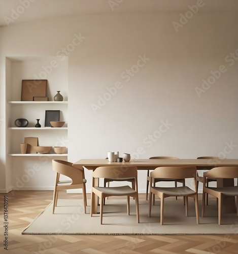 A dining room with a wooden table and chairs , a built-in shelf with decorative objects , and a herringbone wood floor 