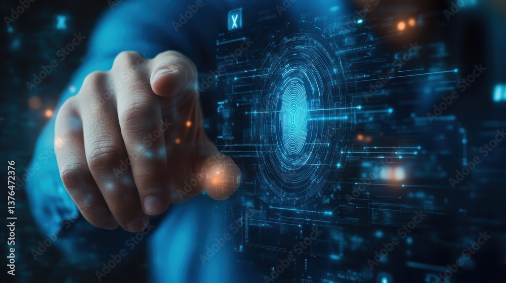 Fototapeta premium Digital Fingerprint Scan: A futuristic depiction of a fingertip interacting with a complex digital interface, representing data security and technological advancement.