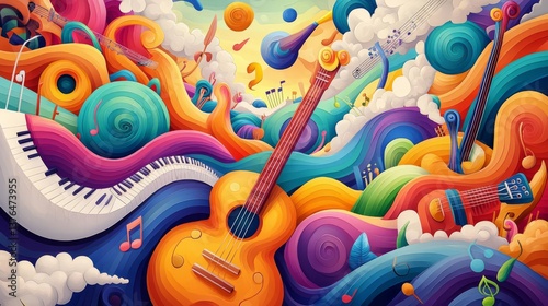 Vibrant and colorful abstract composition highlighting the harmony of music and creativity.