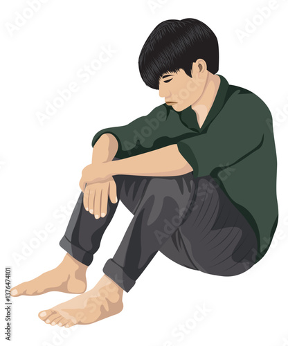 A young man sits hugging his knees, feeling sad.vector design