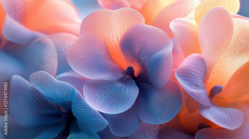 Abstract Flower Petals in Colorful Hues. Beautiful abstract flowers in a gradient of colors. The petals' intricate patterns and soft hues create a serene, artistic composition of nature.