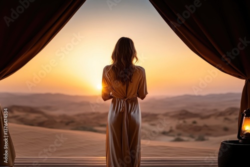 Tourist enjoying sunrise over desert from glamping tent