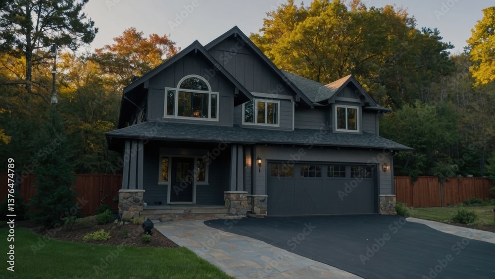 Luxurious Two-Story Home with Modern Architecture, Stone Accents, and a Paved Driveway Set Against a Natural Forest Backdrop at Dusk. Luxurious Two-Story Home with Modern Architecture, Stone Accents, and a Paved Driveway Set Against a Natural Forest Backdrop at Dusk.