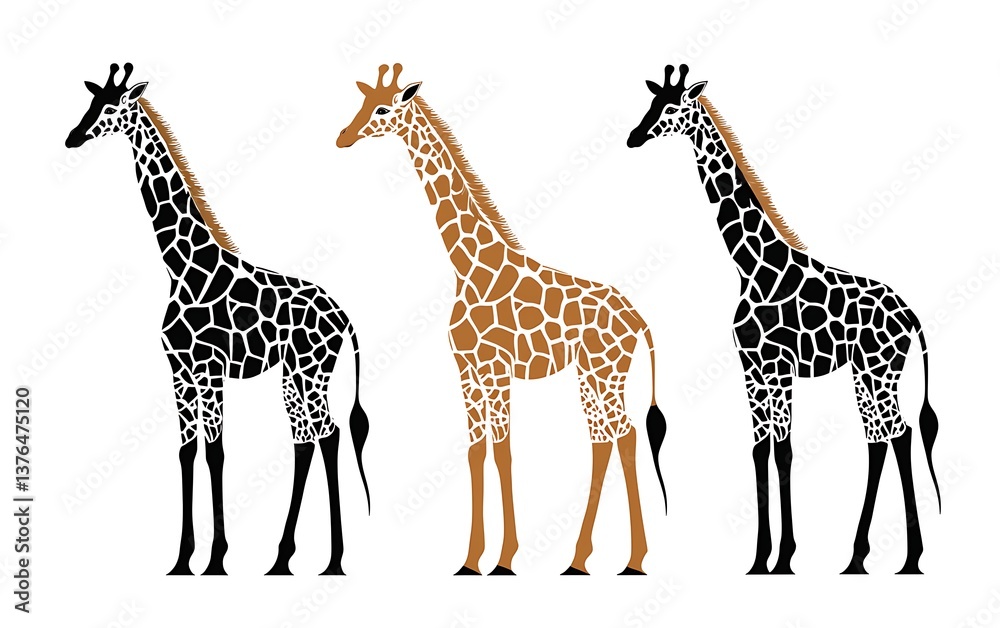 Fototapeta premium Three Giraffe Silhouettes with White Background.