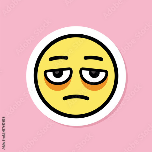 face with bags under eyes emoji sticker, yellow face with tired eyes, black outline, pink background, vector design element