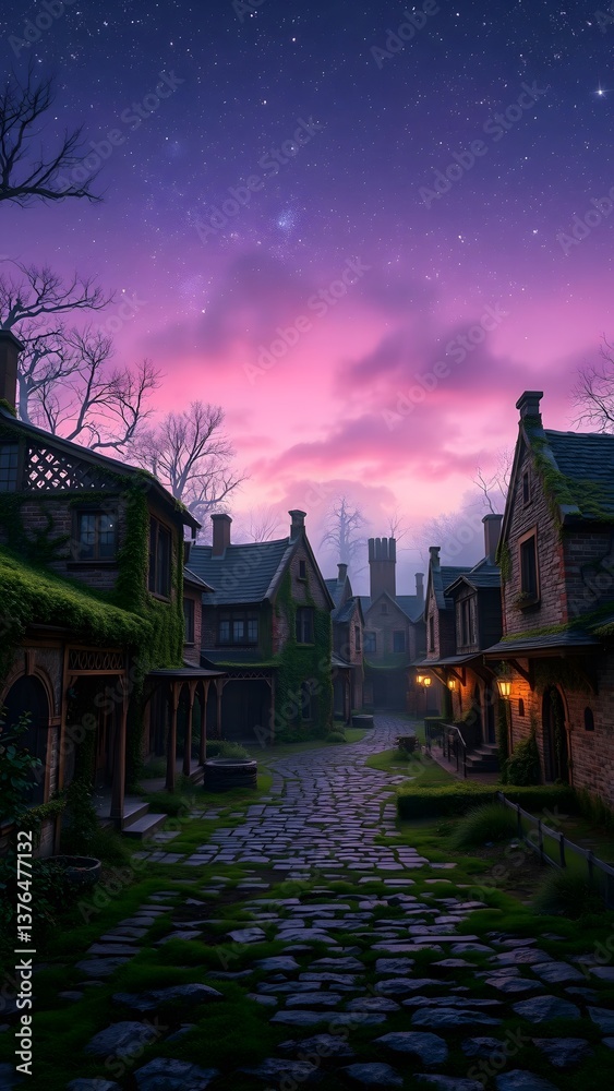 Obraz premium Enchanted Twilight in a Quaint Village