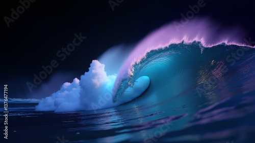 Big Ocean Wave, water tube, surfing crest, Rip Curl with foam and power, neon lights